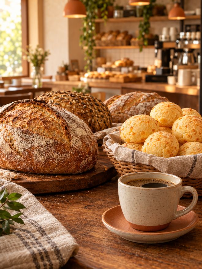Pães artesanais, pão de queijo e café numa padaria