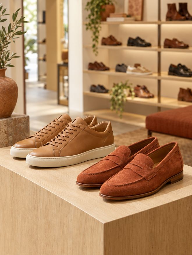 Tênis de couro e mocassim de camurça em expositor