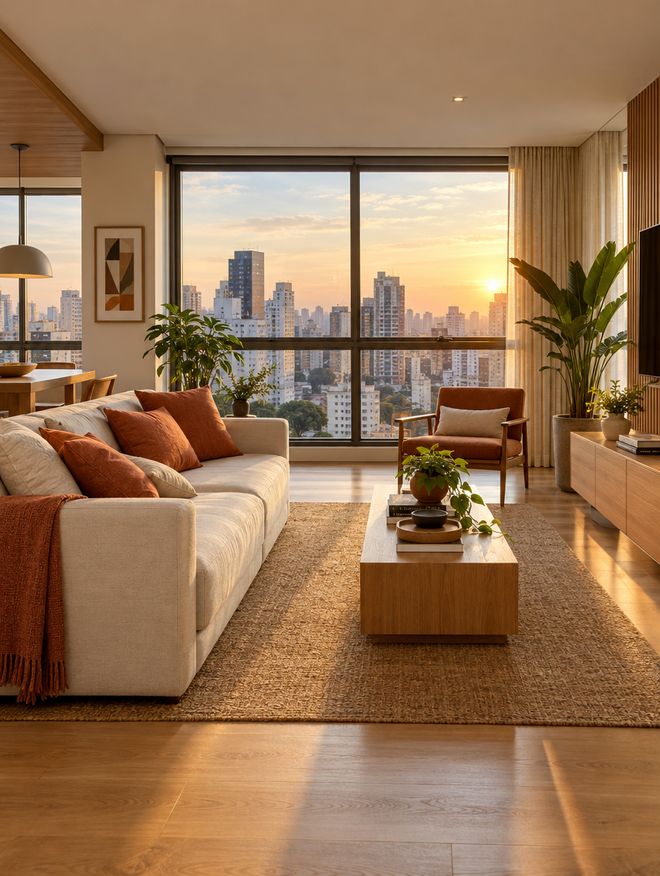 Sala de estar de apartamento com vista para a cidade