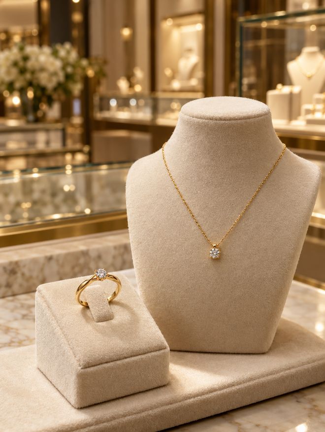 Colar e anel de ouro com diamante em expositores de veludo