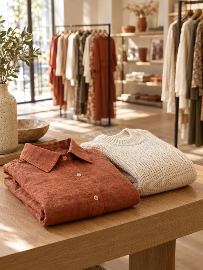 Camisa de linho e suéter dobrados sobre a mesa de uma loja de roupas